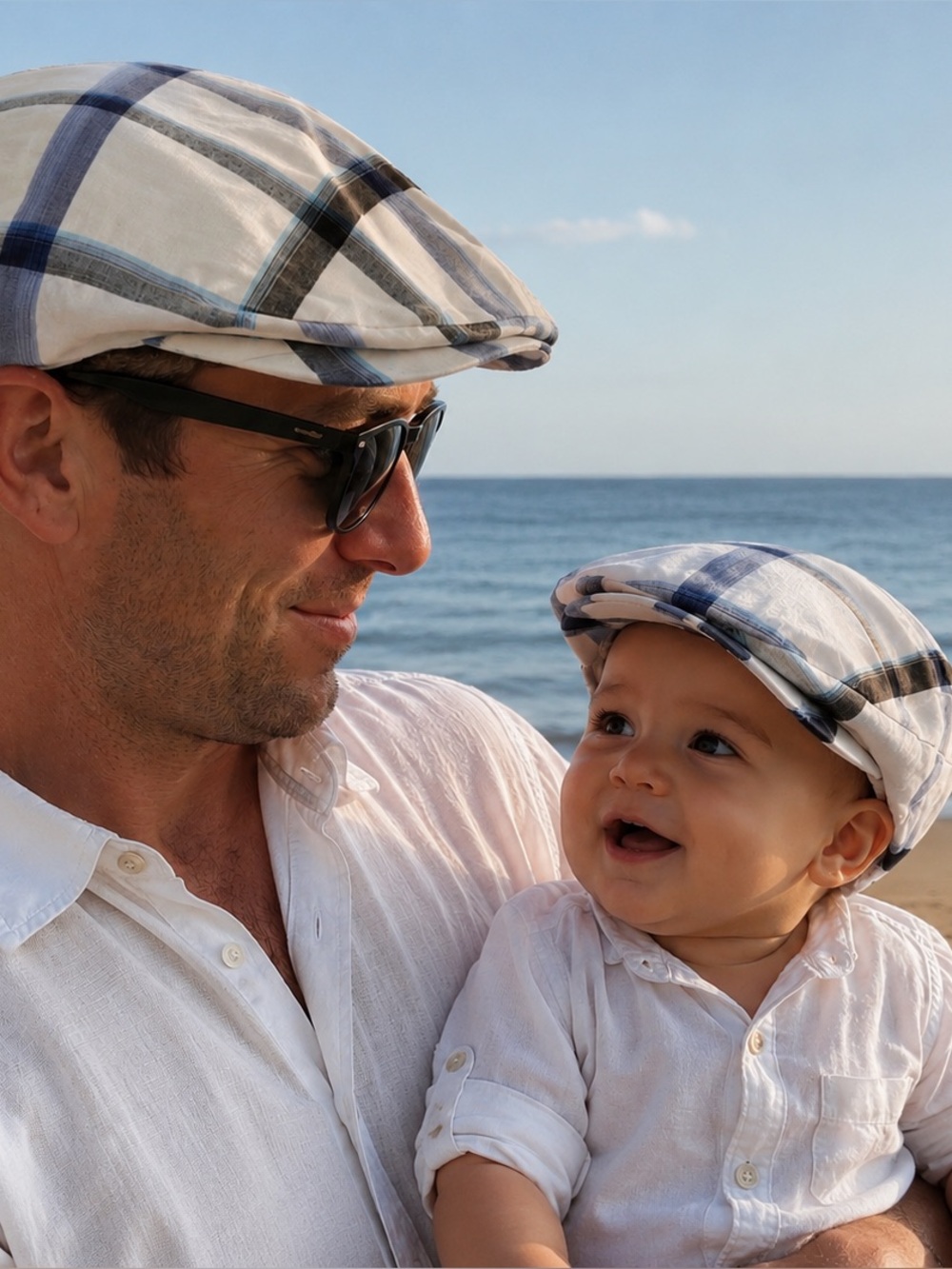 Matching Father and Son Linen Newsboy Caps in Blue & White Plaid | Flat Cap